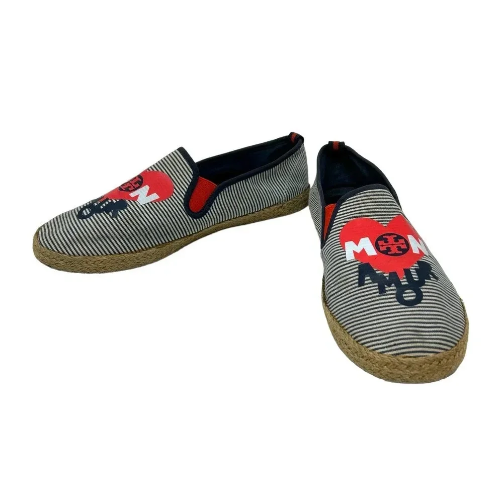 Tory Burch Mon Amour Navy Blue Red Stripe‎ Heart Espadrille Flats Size 10